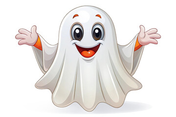 Friendly cartoon ghost character with open arms and happy expression isolated png isolated on transparent background