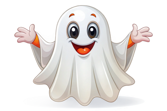 Friendly cartoon ghost character with open arms and happy expression isolated png isolated on transparent background