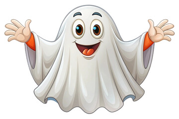 Friendly cartoon ghost character with open arms and happy expression png transparent background...