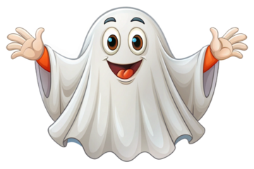 Friendly cartoon ghost character with open arms and happy expression png transparent background isolated on transparent background