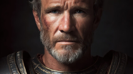 Obraz premium Ancient Warrior's Gaze: A seasoned warrior, etched with the marks of time and conflict, stares intently at the viewer, embodying strength and resilience.