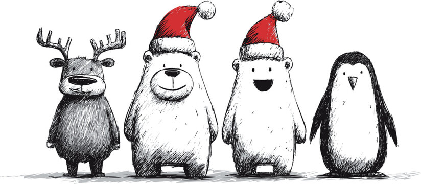 Reindeer, polar bears, and penguin sketch with Santa hats, hand drawn Christmas animals — stock vector