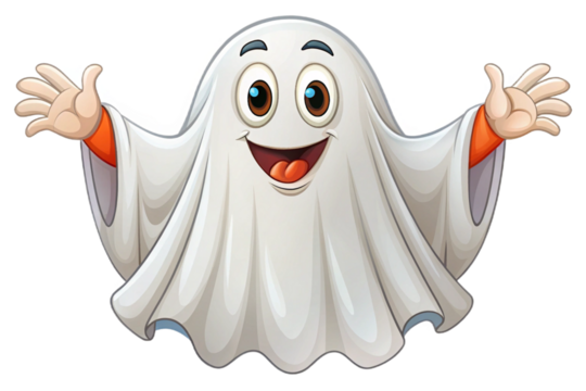 Friendly cartoon ghost character with open arms and happy expression png transparent background isolated on transparent background - Powered by Adobe