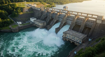 Aerial view of a large hydroelectric dam releasing water into a river.