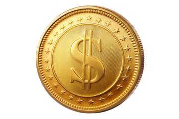 Golden dollar coin with dollar symbol close up detail high resolution metallic precious metal isolated on transparent background
