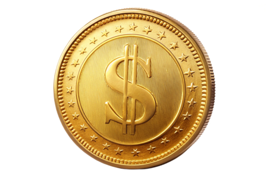 Golden dollar coin with dollar symbol close up detail high resolution metallic precious metal isolated on transparent background