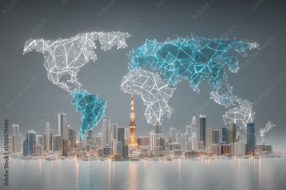 Poster innovative global skyline showcasing interconnected cities through a digital network representation 