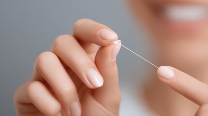 Woman's hand holding dental floss, promoting oral hygiene.