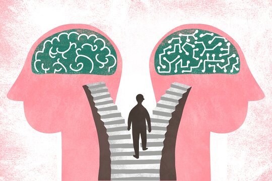 Conceptual Illustration &ndash; Human vs AI Brain with Decision Pathway