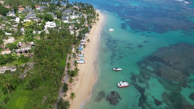 Aerial 4K view of Punta Popy Beach &mdash; pristine coastline with blue sea and palm-lined beach. Ideal for real estate promotions