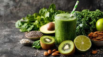 Healthy green smoothie with fresh fruits and nuts on a dark background.