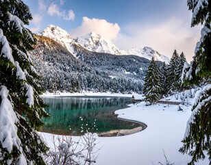 Winter wonderland lake nestled amongst snow-capped mountains