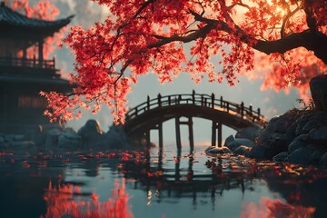 Bridge over pond with red autumn leaves