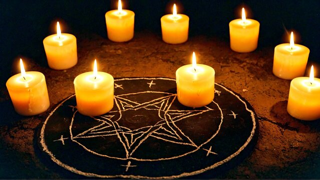 Nine glowing candles surround a pentagram symbol for a ritual or spell casting occasion