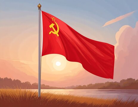 Soviet flag waving over a serene landscape