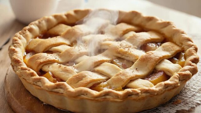 A delicious apple pie with a cheesy crust, baked to perfection. The steam rising up suggests it's fresh out of the oven.