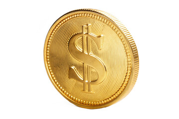 Shiny golden dollar coin with dollar symbol isolated realistic digital art isolated on transparent...