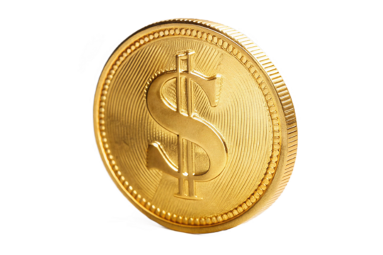 Shiny golden dollar coin with dollar symbol isolated realistic digital art isolated on transparent background