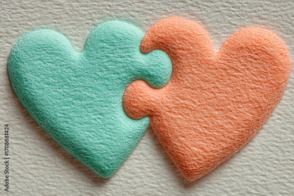Poster two interlocking hearts in soothing mint and coral colors symbolizing emotional connection and harmo