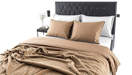 Bed with warm-toned linens