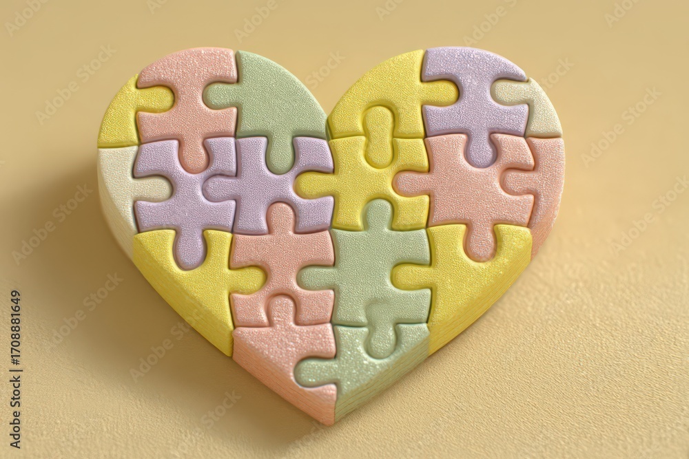 Poster heart-shaped puzzle showcasing soft pastel colors and interlocking pieces symbolizing connection lov
