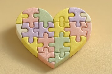 Heart-shaped puzzle showcasing soft pastel colors and interlocking pieces symbolizing connection love and unity captured in a minimalist setting exuding warmth and harmony