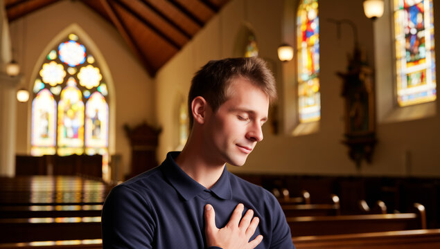 Peaceful Man Praying in Church with Stained Glass Windows