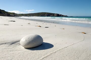 A smooth, white stone on a sandy beach with a clear blue sky and ocean in the background