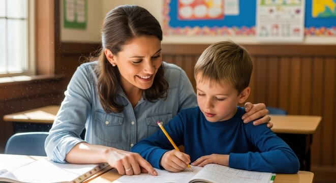 Teacher helping a young student with his writing assignment in the classroom. - Powered by Adobe