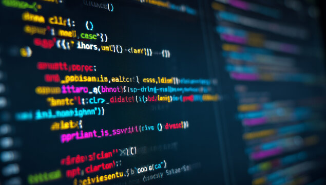 a computer screen displaying multiple lines of code, with "id" and "class" visible the background is a dark blue Generative AI