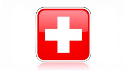Fototapeta premium Glossy red square icon with a white cross representing the Swiss flag or a first aid symbol on a reflective surface