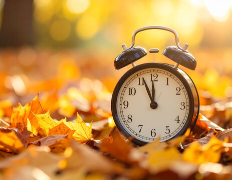 Vintage Alarm Clock on Vibrant Autumn Leaves, Golden Hour Backlight, Daylight Saving Time Change.