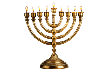 Golden hanukkah menorah with lit candles glowing brightly isolated on black isolated on transparent background