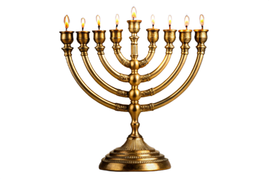 Golden hanukkah menorah with lit candles glowing brightly isolated on black isolated on transparent background