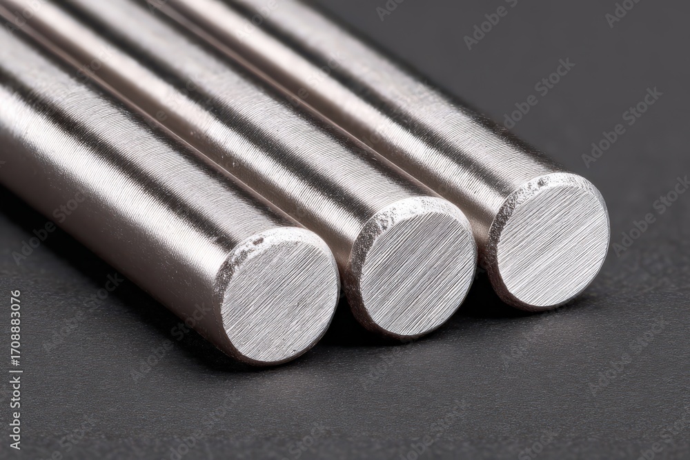 Poster three metallic rods showcasing precision engineering and texture contrast against a dark background 