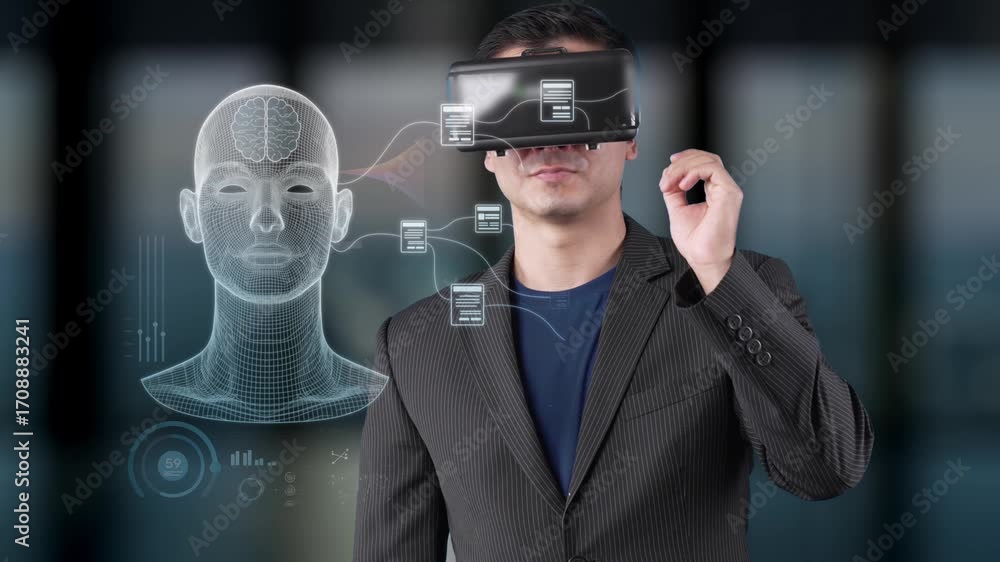 Poster a young businessman in a virtual reality headset stands in an office, exploring advanced technology 
