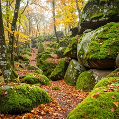 Autumn forest path with mossy rocks