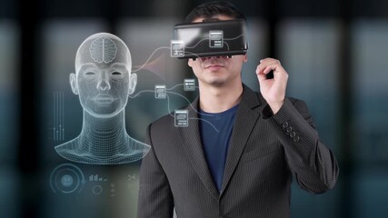 A young businessman in a virtual reality headset stands in an office, exploring advanced technology concepts and engaging with immersive data visualizations in a modern workspace. Raster - Powered by Adobe