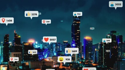 Social media icons fly over city downtown showing people reciprocity connection through social network application platform . Concept for online community and social media marketing strategy . - Powered by Adobe