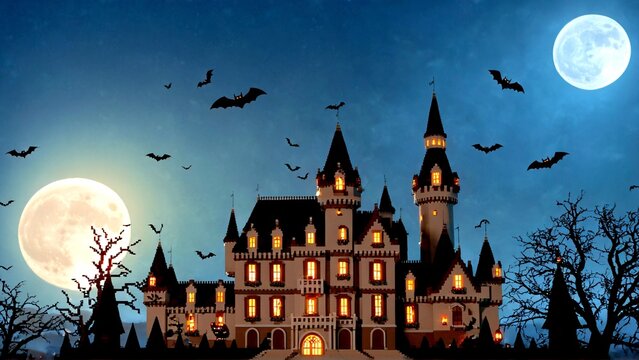 Eerie castle with bats flying under a full moon creates spooky Halloween night atmosphere, perfect for scary season