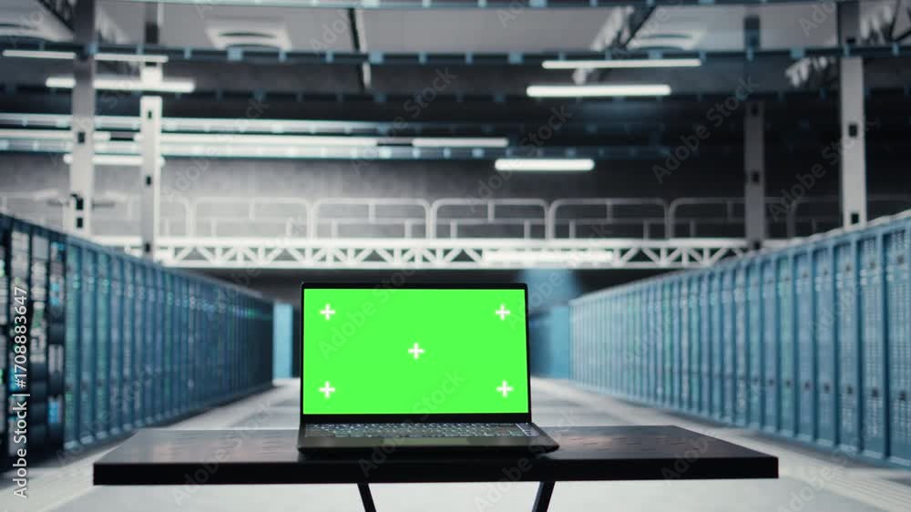 Poster close up of green screen laptop in data center used for inspecting equipment rigs, maintaining syste