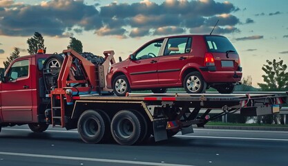 Tow truck with the broken family car on the road. Car service transportation concept. Tow truck transporting the vehicle on a highway