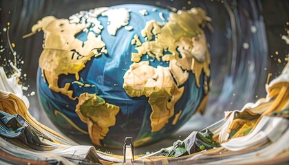 Earth globe, stylized, in swirling abstract background