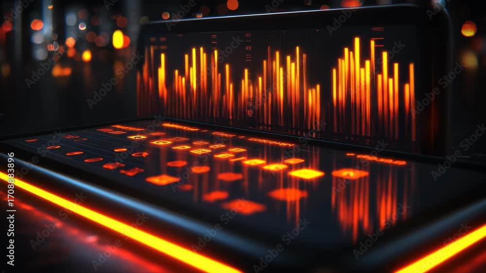Poster device with glowing data visuals and icons in blurred city backdrop