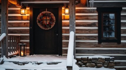 A cozy cabin entrance adorned with a wreath lanterns and fresh snow creating a wintery scene - Powered by Adobe