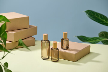 Elegant perfume bottles with wooden caps displayed on a table