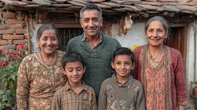 Nepalese Family Smiling Together in Front of Traditional House
