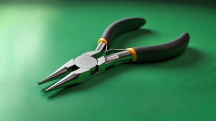Obraz premium Close-up of precision pliers with black and yellow handles resting on a green surface, illuminated by soft light