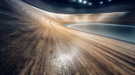 Curved wooden track surface in an indoor velodrome with illuminated surroundings