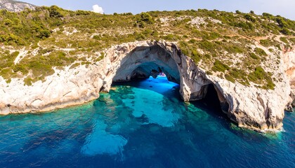 Coastal cave, turquoise water, lush greenery